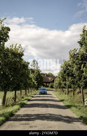 Blaues Auto, das auf einer Landstraße fährt, die von Bäumen und traditionellem Haus gesäumt ist Stockfoto