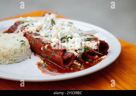 Traditionelle Enchiladas mit Oaxaca-Käse, rotem Maulwurf und Reis. Enchiladas sind Gerichte der mexikanischen Küche, die aus gerollten oder gefalteten Maistortillas zubereitet werden. Stockfoto