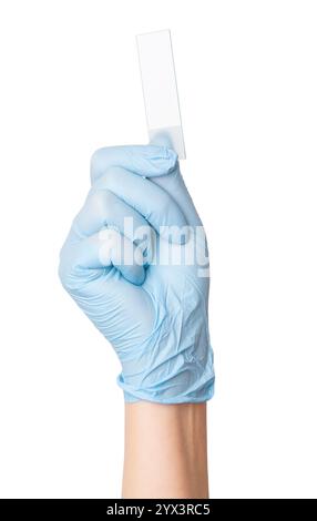 Hand in medizinische Handschuhe, die einen leeren Objektträger auf einem leeren Hintergrund halten. Einsatz im Labor, wissenschaftliche Analysen, Anwendungen im Gesundheitswesen. Stockfoto