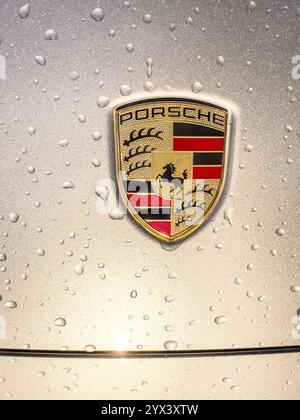 Nahaufnahme eines Logos auf einer Porsche-Motorhaube mit Wassertropfen Stockfoto