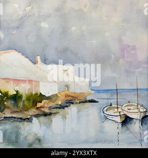 Aquarell einer Meereslandschaft mit zwei Booten Stockfoto