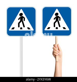 Set eines Fußgängerschilds mit einem Stab und in der Hand einer Person auf einem leeren Hintergrund. Ideal für Verkehrs-, Stadtplanungs- oder Straßensicherheitsprojekte. Stockfoto