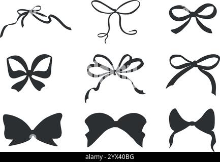 Schleifen mit Seidenbändern gebunden. Festliche Bänder. Vektorgrafik. Silhouettensymbol. Weihnachtsdekoration für Kleidung. Isolierte Cliparts Stock Vektor