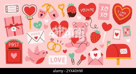 Niedliches Liebesaufkleber-Set für Tagesplaner und Tagebuch. Scrapbooking-Elemente für Valentinstag, Geschenk, Schokoladenbox, Teddybär, Briefkasten und Post Stock Vektor