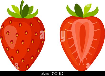 Frische süße Erdbeeren. Halbe und ganze rote Beeren. Handgezeichneter Sommer-Erdbeere trendiger flacher Stil, isoliert für Design. Vektorabbildung Stock Vektor
