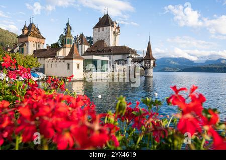 THUN, SCHWEIZ - 19. SEPTEMBER 2024: Landschaftsblick auf Schloss Oberhofen und Thunersee. Stockfoto