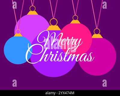 Frohe Weihnachten. Grußkarte mit hängenden Weihnachtskugeln. Farbenfrohe hängende Weihnachtsbaumdekoration. Festliches Design für Einladungen, Banner und Stock Vektor