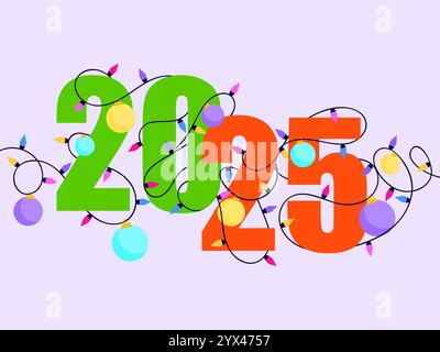 2025 Happy New Year. Garland aus mehrfarbigen Glühbirnen, die sich um die Zahlen 2025 in roten und grünen Farben wickeln. Weihnachtsgirlande. Design Stock Vektor