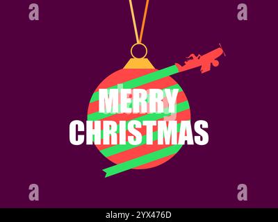 Frohe Weihnachten. Eine Silhouette des Weihnachtsmanns, der in einem Flugzeug mit Geschenken fliegt, umhüllt einen Weihnachtsbaumschmuck mit einem Band. Festliches Design für Stock Vektor