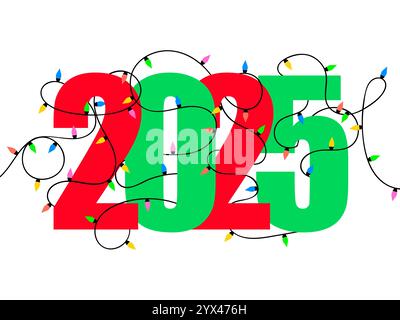 2025 Happy New Year. Garland aus mehrfarbigen Glühbirnen, die sich um die Zahlen 2025 in roten und grünen Farben wickeln. Weihnachtsgirlande. Design Stock Vektor