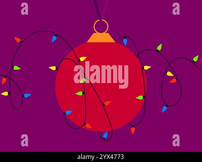 Bunte Glühbirnen, die sich um eine hängende Weihnachtsbaumkugel wickeln. Hängende Weihnachtsbaumdekoration. Festliches Design für Einladungen Stock Vektor