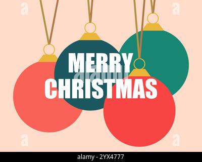 Frohe Weihnachten. Grußkarte mit hängenden Weihnachtskugeln. Farbenfrohe hängende Weihnachtsbaumdekoration. Festliches Design für Einladungen, Banner und Stock Vektor
