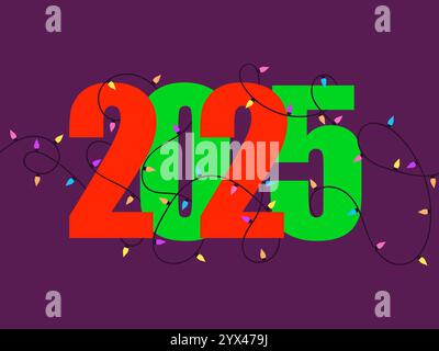 2025 Happy New Year. Garland aus mehrfarbigen Glühbirnen, die sich um die Zahlen 2025 in roten und grünen Farben wickeln. Weihnachtsgirlande. Design Stock Vektor