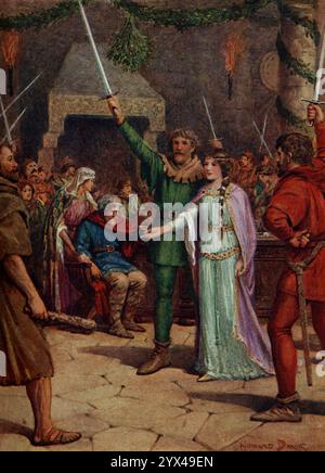 "Wir Stehen Alle Zu Sir Guy!", 1932. Die Dorfbewohner bildeten einen Kreis vor dem Haus und erhoben ihre Stimme in „guter König Wenzel“; aber bevor der erste Vers zu einem etwas unordentlichen Ende gebracht wurde, wurde die große Eichentür aufgeworfen und das fröhliche Gesicht von Sir Guy Gamwell auf sie gestrahlt. "Frohe Weihnachten und herzliches Willkommen für euch alle", rief er. Aus Robin Hood and His Life in the Merry Greenwood von Rose Yeatman Woolf, illustriert von Howard DAVIE. [Raphael Tuck &amp; Sons Ltd, London, 1932] Stockfoto