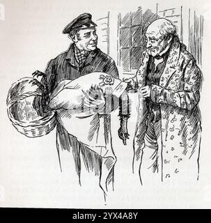 Ein truthahn für Tiny Tim, 1900. Szene aus Charles Dickens Roman „Ein Weihnachtslied“: Scrooge befahl, einen truthahn „zu Tims Haus zu bringen, ein truthahn, der so groß ist, dass der Mann, der ihn nahm, in ein Taxi fahren musste“. Aus „Geschichten von Kindern aus Dickens“, erzählt von seiner Enkelin Mary Angela Dickens und anderen, mit einer Einführung von Percy Fitzgerald, illustriert von Harold Copping, [Raphael Tuck &amp; Sons Ltd, London, 1900] Stockfoto