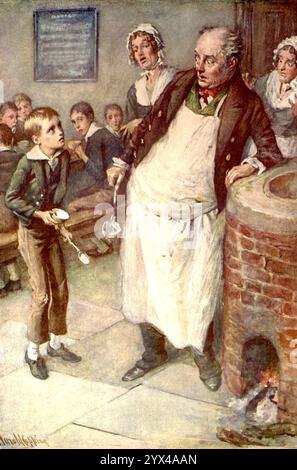 „Oliver Twist fragt nach mehr“, 1900. Die Hauptfigur in Charles Dickens Roman Oliver Twist. "Der Meister in der Uniform seines Kochs stellte sich beim Kupfer auf,... der Brei wurde ausgeschenkt... der Brei verschwand... Kind wie er war, er war verzweifelt vor Hunger und rücksichtslos vor Elend. Er erhob sich vom Tisch und trat zum Meister, mit Becken und Löffel in der Hand, und sagte etwas beunruhigt über seine eigene Beharrlichkeit: "Bitte, Sir, ich will noch mehr." Aus „Geschichten von Kindern aus Dickens“, erzählt von seiner Enkelin Mary Angela Dickens und anderen, mit einer Einführung von Stockfoto