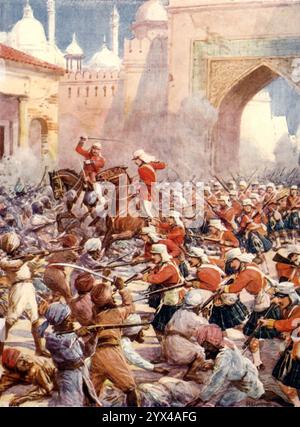 "Sir Henry Havelock auf dem Relief von Lucknow", 1900. Kämpfe in der British Residency in der Stadt Lucknow in Indien, zwischen den Briten und den Rebellen (indische Soldaten in der Armee der British East India Company) während der Indischen Rebellion von 1857. Aus „Heroes of History“ von Alfred H. Miles, illustriert von Howard DAVIE [Raphael Tuck &amp; Sons Ltd, London] Stockfoto