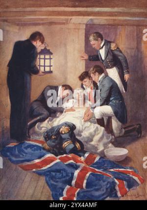 "Der Tod von Nelson", 1925. Illustration eines Wachstableaus in Madame Tussauds, einem Wachsmuseum, das 1835 von der französischen Bildhauerin Marie Tussaud in London gegründet wurde. "...der Tod eines der größten Männer Englands und größten Marinehelden. Nach einer langen und siegreichen Karriere starb er in der Schlacht von Trafalgar. Diese Schlacht war der Höhepunkt seines Lebens. Wir sehen ihn hier im Cockpit des "Sieges" sterben. Wurde das Schiff jemals besser benannt!" Aus Madame Tussaud's: Der Palast der Verzauberung, beschrieben von Kapitän Edric Vredenburg, illustriert von Howard DAVIE, [Raphael Tuck &amp; Söhne Stockfoto