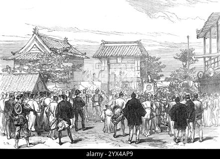 Eröffnung der ersten Eisenbahn in Japan: Prozession am Saiwai Bashi Gate, Jeddo, 1872. „Unser bekannter Künstler und Korrespondent, Mr. C. Wirgman, hat zwei Skizzen des Geschehens geschickt, mit Fotos von Signor Beato... von der Eröffnung der neuen Eisenbahn von Jeddo nach Yokohama, der ersten Linie, die in Japan gebaut wurde...[am] Sai-wai-bashi-Tor... Truppen wurden auf beiden Seiten der Straße aufgestellt, vom Tor zum Bahnhof... das Geräusch der Knarren war zu hören, die Ankunft der Kaiserlichen Pferde ankündigten. Der Kaiser und Stockfoto