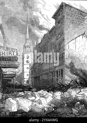 The Great Fire at Boston: Washington-Street, Blick auf die Old South Church, 1872. Kupferstich aus einem Foto von Mr. J. W. Black. „Wir haben jetzt Fotos und Skizzen des tatsächlichen Brandes und seiner Auswirkungen erhalten... Sie zeigen die Ruinen, die in der Nähe der letzten Brandstelle am Montagmorgen hinterlassen wurden, an der Ecke Washington Street und Milk Street, in unmittelbarer Nähe des Postamts und der Old South Church. Diese alte Kirche, die glücklicherweise verschont geblieben ist, ist von historischem Interesse, da sie vor 200 Jahren gegründet wurde; aber das heutige Gebäude stammt aus dem Jahr 1730. Dauer Stockfoto