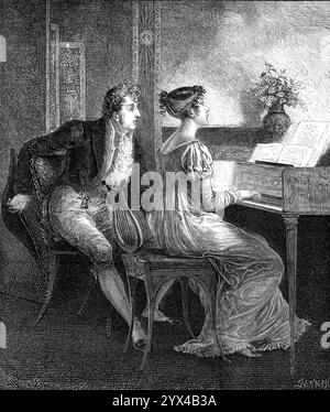 Ein Altes Lied, 1872. "Das altmodische Kleid der Dame und des Gentlemen, die am Klavier sitzen, in der Szene friedlicher häuslicher Unterhaltung, die uns unser Künstler vorgetragen hat, erinnert uns an die frühe Periode von George III.' Herrschaft und erinnert an Miss Burney mit ihrer Evelina und Cecilia oder sogar an den Vikar von Wakefields Töchtern Olivia und Sophia. Wenn wir weiter hinschauen müssten, könnten wir die angenehmen Bände von Miss Sarah Tytler und J. L. Watson, genannt „The Songstress of Scotland“ (veröffentlicht von Strahan), für Anekdoten über das Musical und po heranziehen Stockfoto