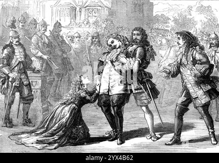 Szene aus "Amos Clark", im Queen's Theatre, 1872. Londoner Bühnenproduktion. "Der Erfolg von Mr. Watts Phillips' neuem Drama "Amos Clark" im Queen's Theatre scheint jetzt eine Tatsache zu sein. Unsere Illustration zeigt die Katastrophe des Stücks. Der Held, der seinen jüngeren Bruder vom unbarmherzigen Oberst Kirke vor Gericht gestellt hat, beschließt, die Jugend durch sein Opfer zu retten. Wir haben die Geschichte bereits vollständig erzählt; der Höhepunkt ist auf dem Bild vor uns zu sehen. Amos Clark ist zwischen den Musketen und ihrem Opfer A gerannt Stockfoto