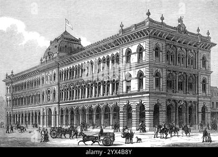 The General Post-Office, Sydney, New South Wales, 1872. "Die Hauptstadt von New South Wales mit fast 150.000 Einwohnern und einem blühenden Handel, eine herrliche Lage am inneren Ufer von Port Jackson, einem der schönsten Häfen der Welt, ziert sich jetzt mit prächtigen architektonischen Strukturen... das neue Postamt steht zwischen George-Street und Pitt-Street, mit einer Fassade zu jeder dieser Straßen. Sein Design verbindet Florentiner mit venezianischen Merkmalen. Die Säulen der Arkade sind aus einheimischem Granit, der eine graue Färbung und hat Stockfoto