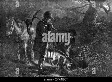 Die Jagdsaison: Erdstopp, 1872. "Bei der Errichtung seines Wohnsitzes ist der Fuchs darauf bedacht, mehrere Galerien oder Kammern mit zwei oder drei Ausgängen zu versorgen, durch die er entkommen kann, wenn der Ort angegriffen wird. Er scheint eine gute Vorstellung von einer Befestigung zu haben, indem er einen großen Stein oder die Wurzeln eines Baumes nutzt, der nicht leicht durch den Spaten entfernt werden kann, um seinen unterirdischen Gängen eine unangenehme Wende zu geben, damit ihre entferntesten Vertiefungen vor feindlichem Vorgehen sicherer sein könnten. Aber der Wildhüter und der Jäger, die den sportlichen Freuden des englischen Adels dienen, AR Stockfoto