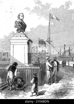 Denkmal für Lieutenant Waghorn in Suez, 1872. Die Suez Canal Company hat ein Denkmal zum Gedenken an den verstorbenen Leutnant Waghorn errichtet, den genialen und unternehmungslustigen Pionier der Überland- und Roten Meer-Route nach Indien und China. Es handelt sich um eine kolossale Bronzebüste auf einem schönen Marmorsockel mit einem bronzenen Basrelief von Waghorn, das die Wüste auf einem Kamel vermisst, in dem ein Zug der Orientalen teilnimmt. Die Inschrift lautet „La Compagnie universelle du Canal Maritime de Suez, au Leutnant Waghorn“. Das Denkmal befindet sich am Eingang des Kanals, so dass man es von eintretenden Schiffen sehen kann Stockfoto