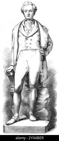 Statue von Sir Humphry Davy, in Penzance, [Cornwall], 1872. „Ein Denkmal dieses geschätzten Naturphilosophen wurde in Penzance, seiner Heimatstadt, errichtet... es besteht aus einer Steinstatue von W. und T. Wills... die Statue, die über der Größe des Lebens ist, steht 8 Fuß. 8 Zoll Hoch vom Sockel ist nach dem Porträt von Sir Thomas Lawrence gestaltet... der Kopf wird leicht zurückgeworfen, als ob er von dem Mut und der Begeisterung für die Wissenschaft inspiriert wäre, die diesen herausragenden Mann auszeichneten; und die rechte Hand ruht auf einer Sicherheitslampe, dem Produkt und Symbol des wohltätigen Genies des Chemikers... die Website Stockfoto