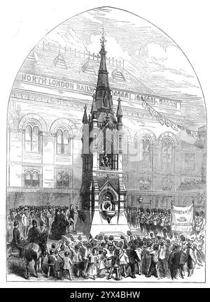 Der Lord Mayor eröffnete den neuen Trinkbrunnen in Bow, [East London], 1872. "Der monumentale Trinkbrunnen, der durch ein öffentliches Abonnement vor dem Bahnhof Bow der North London Railway errichtet wurde, ist ein Zeugnis, das den Herren Bryant und May von Fairfield Works, Bow, Herstellern der "Patent Safety Lucifer Matches", gewidmet ist... es wurde angenommen, dass die nützlichste Art von Gedenkstätte ein Trinkbrunnen wäre, der der angemessener erschien, da Mr. Bryant, der Chef der Firma, fünfunddreißig Jahre lang ein Standverteidigt wurde. Dieses Monum Stockfoto