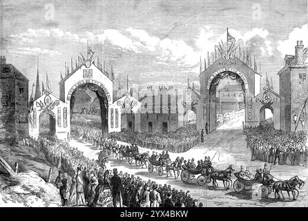 Prince Arthur at Leeds: Prozession an der Kreuzung von Chapeltown und Roundhay Park Road, 1872. Die Prozession zum Roundhay Park wurde von den Oddfellows und anderen Wohltätigkeitsgesellschaften geführt. Dann kamen eine Militäreskorte und die Stadtbeamten, gefolgt von den Parlamentsmitgliedern, den Richtern, dem Bischof, dem Lord Mayor of York und anderen Bürgermeistern, dem Gesandten des Königs von Burmah und den Mitgliedern der Corporation, dem High Sheriff und dem Bürgermeister [John Barran]... als seine Königliche Hoheit in Sicht erschien, kam es zu einem Ausbruch von langer und heftiger Aufregung. Entlang des ersten Teils der Route, Th Stockfoto