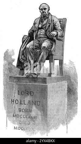 Statue des Dritten Lord Holland, Holland Park, Kensington, 1872. "Eine Bronzestatue des letzten Lord Holland, von Mr. Watts, R. A. und Mr. Boehm, wurde aufgestellt... es ist ein sehr gutes Gleichnis und stellt ihn auf seinem Stuhl mit seinem Gehstab in der Hand dar, was seine übliche Haltung bei Gesprächen war... Er war ein guter Gelehrter und gut vertraut mit der Literatur seines eigenen Landes, nicht weniger als mit der von Frankreich, Italien, und vor allem von Spanien, dem Land und seinen Menschen sehr verbunden war, und schrieb eine Aufschrift über ihre gefeierten Dramatiker Lope de Vega und Guillen de Castro. Stockfoto