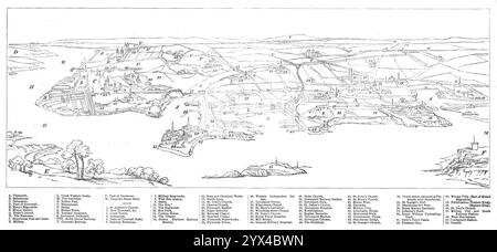 Aus der Vogelperspektive von Plymouth, 1872. „The Engraving bietet einen Blick aus der Vogelperspektive auf die Städte Plymouth und Devonport mit Stonehouse und Plymouth Sound mit dem Hamoaze and Sutton Pool, von einem erhöhten Punkt südlich von St. Nicholas oder Drake's Island, direkt gegenüber den Great Western Docks und Pier in Mill Bay... der Vordergrund besteht aus einem Teil des Mount Edgcumbe Park auf der linken Seite; Drake's Island im Zentrum; und Mount Batten. nach rechts. In der Mitte sind die Werften und die Stadt Devonport auf der linken Seite vollständig ausgebreitet, dann Stonehouse mit der Landzunge Stockfoto