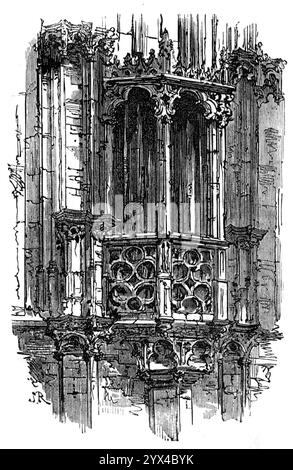 Balkon, Hotel de Ville, Gent, 1872. "Das Hotel de Ville hat zwei verschiedene Fronten - eine im Norden in der reichsten, exzessiv dekorierten Gotik; die andere im Osten, die mehr als hundert Jahre später im Stil der italienischen Renaissance erbaut wurde, mit drei verschiedenen Ordnungen griechischer Säulen. Dieses Gebäude ist für die Versammlung des Kongresses der Flämischen Liga im Jahre 1576 bekannt, um die Spanier aus dem Land zu vertreiben - ein Unternehmen, das von unserer Königin Elisabeth unterstützt wurde und für das Sir Philip Sidney auf dem Schlachtfeld starb. Tausende Protestanten wurden auf dem Scheiterhaufen verbrannt Stockfoto