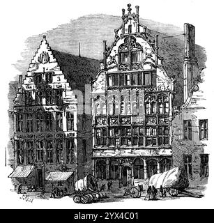 Alte Häuser am Kai, Gent, 1872. "Die öffentlichen Gebäude von Gent sind bewundernswert... die Straßen... sind noch einladender, mit der fantastischen Vielfalt der Formen in den Giebelhäusern und den reichen ornamentalen Schnitzereien. Aber das interessanteste Exemplar dieser Art findet sich auf dem Quai aux Herbes, im Maison des Bateliers, dem ehemaligen Haus der Wassermänner, dessen Embleme mit den Wappen Karls V. auf die Giebeln gehauen sind. Aus Illustrated London News, 1872. Stockfoto