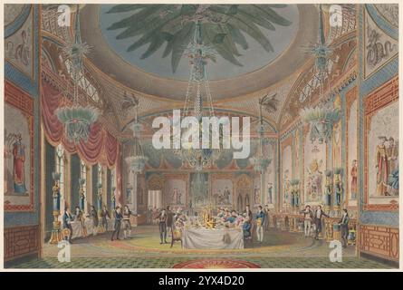 The Banquetting Room, Royal Pavilion, Brighton [wie von John Nash entworfen], 1. Dezember 1824. Der zentrale Kronleuchter hängt an einer gewölbten Decke, die an einen östlichen Himmel erinnert. Mit einer Länge von 9,1 m und einem Gewicht von fast einer Tonne ist er mit sechs silbernen Drachen verziert, die durch Lotuslichtöne „Feuer“ atmen. Aus „The Royal Pavilion at Brighton“ von John Nash, [London 1826]. Stockfoto