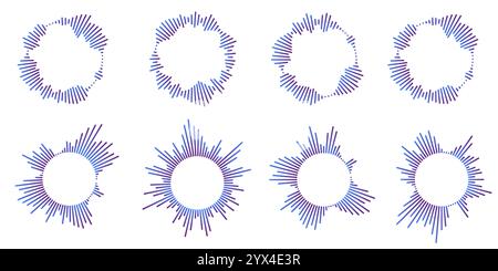Satz von Symbolen für kreisförmige Welligkeit. Konzentrische Kreise mit unterbrochenen Linien, die auf weißem Hintergrund isoliert sind. Vortex, Sonarwelle, Schallwelle, Sonnenschein, Signalzeichen Stock Vektor