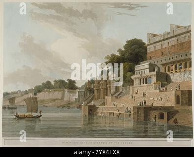 Dusasumade Gaut, in Bernares [sic] am Ganges, Mai 1796. Pl. XVI von „Orientalische Landschaft. 24 Ansichten In Hindoostan Gezeichnet Und Graviert Von Thomas Daniell Und Mit Erlaubnis Respektvoll Dem Honourable Court Of Directors Der East India Company Gewidmet“, London: 1. März. 1795, veröffentlicht von Robert Bowyer, [Mai 1807]. Stockfoto