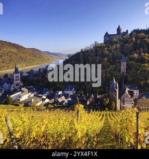 Blick auf Bacharach mit Schloss Stahleck, Burg auf einem Hügel über dem Rhein, UNESCO-Weltkulturerbe Oberes Mittelrheintal im Herbst, Rheinland-Pfalz Stockfoto