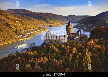 Schloss Stahleck, Burg auf einem Hügel mit Blick auf den Rhein, Bacharach, UNESCO-Weltkulturerbe Oberes Mittelrheintal, Herbst, Rheinland-Pfalz, Germa Stockfoto