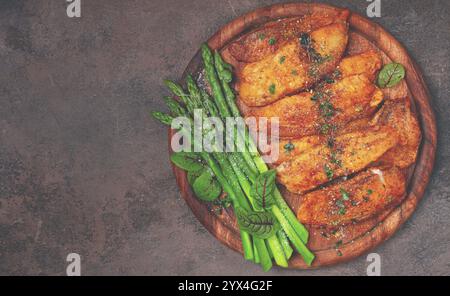 Frittiertes Fischfilet, Tilapia mit Spargel, hausgemacht, keine Leute Stockfoto