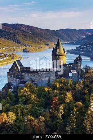 Schloss Stahleck, Burg auf einem Hügel mit Blick auf den Rhein, Bacharach, UNESCO-Weltkulturerbe Oberes Mittelrheintal, Herbst, Rheinland-Pfalz, Germa Stockfoto