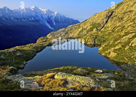 Bergsee Lacs des Cheserys im Naturschutzgebiet Aiguilles Rouges, hinter dem Mont Blanc-Massiv, Chamonix, Haute Savoie, Frankreich, Europa Stockfoto