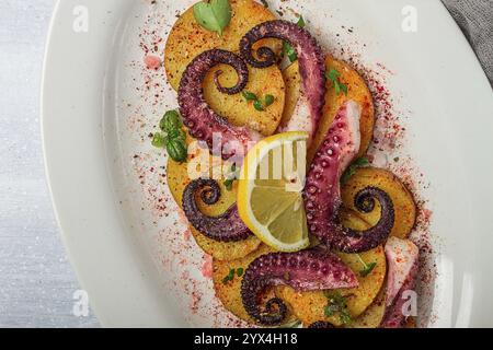 Oktopus mit Kartoffeln und Gewürzen, auf einer Leuchtplatte, Draufsicht, keine Leute, hausgemacht, Nahaufnahme Stockfoto