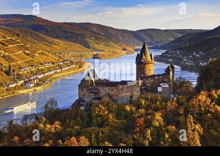 Schloss Stahleck, Burg auf einem Hügel mit Blick auf den Rhein, Bacharach, UNESCO-Weltkulturerbe Oberes Mittelrheintal, Herbst, Rheinland-Pfalz, Germa Stockfoto