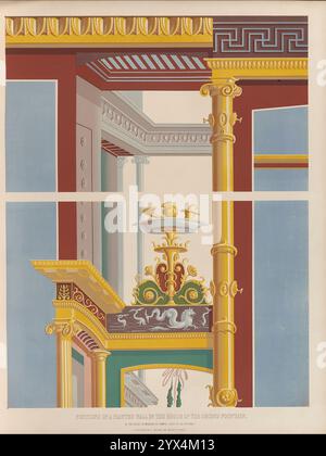 Teile einer bemalten Wand im Haus des Zweiten Brunnens, [Pompeji], 1850. Aus „Exemplaren Der Ornamentalkunst, Ausgewählt Aus Den Besten Modellen Der Klassischen Epochen. Illustriert Von Eighty Plates. Von Lewis Gruner, Autor von Fresko-Dekorationen und Stuckarbeiten von Kirchen, Palästen und Villen in Italien im 15. Und 16. Jahrhundert; und von her Majesty's Pavillon in Buckingham Palace Gardens usw. Usw. Mit beschreibendem Text von Emil Braun“, [herausgegeben von Thomas McLean, London, 1850]. Stockfoto