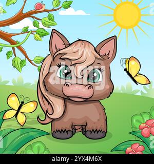 Niedliches Zeichentrickpferd in der Natur. Vektor-Illustration eines Tieres in einem Garten mit roten Blumen, gelben Schmetterlingen und Baum. Stock Vektor