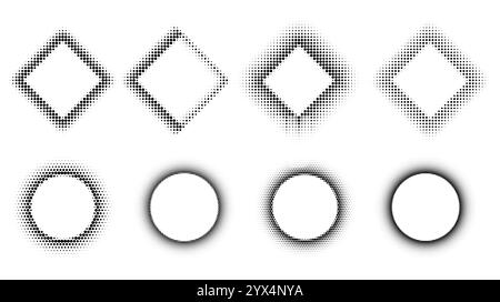 Satz runder quadratischer Halbtonrahmen. Abstrakte gepunktete Formen mit leerem Platz für Text. Stock Vektor