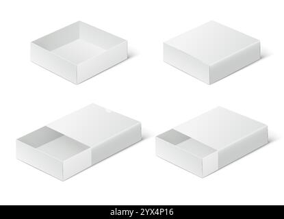 Verschlossener, offener Schieber aus leerem Karton. Weißes Geschenkverpackungsmodell auf weißem Hintergrund. Stock Vektor